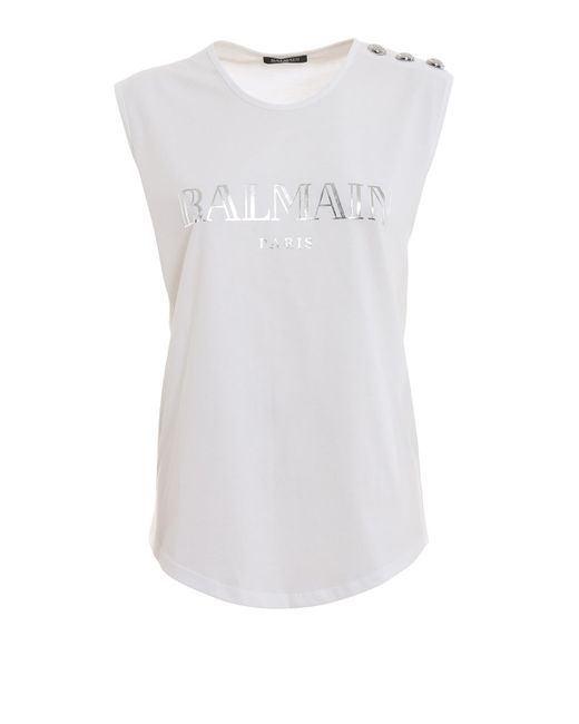 Balmain White Logo Print Cotton Tank Top