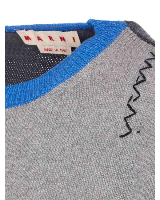 Marni Blue Cropped Color-Block Sweater With Round Neckline