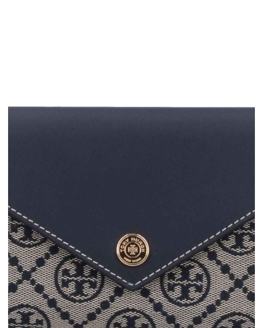 Tory Burch Blue Leather And T Monogram Fabric Wallet