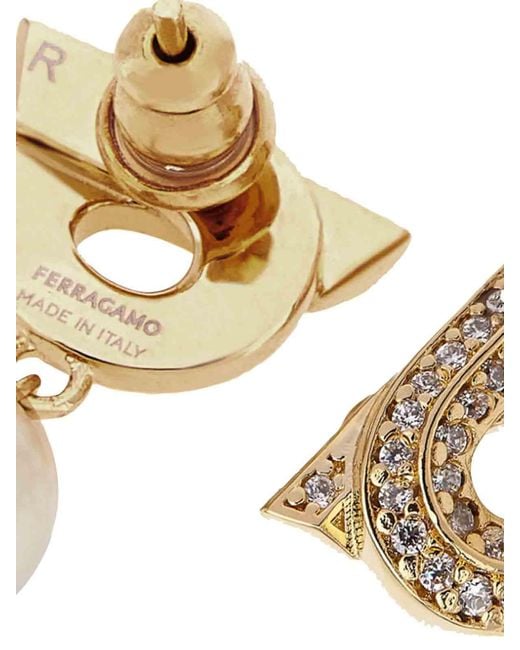 Ferragamo Metallic Pearl And Crystals Gancini Earrings