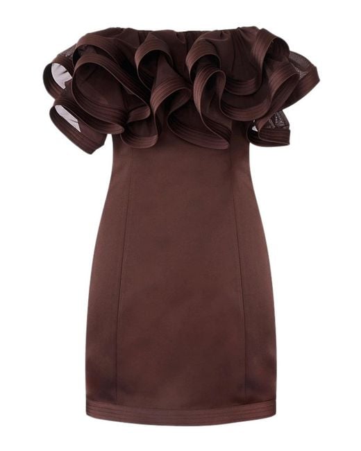 Elisabetta Franchi Brown Short Duchesse Dress With Maxi Ruche