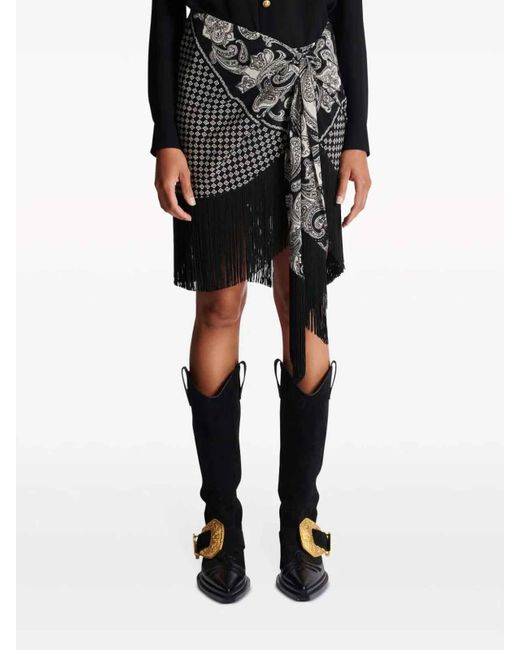 Balmain Black Fringed Silk Scarf Skirt