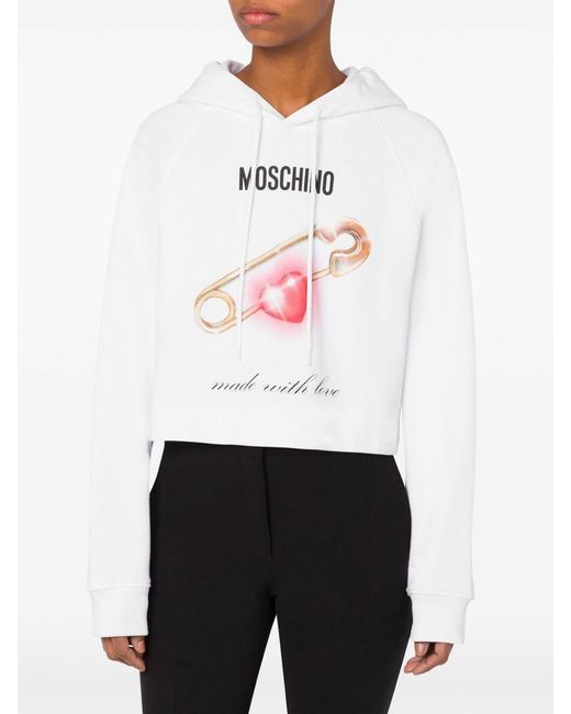 Moschino White Heart-Print Cotton Hoodie