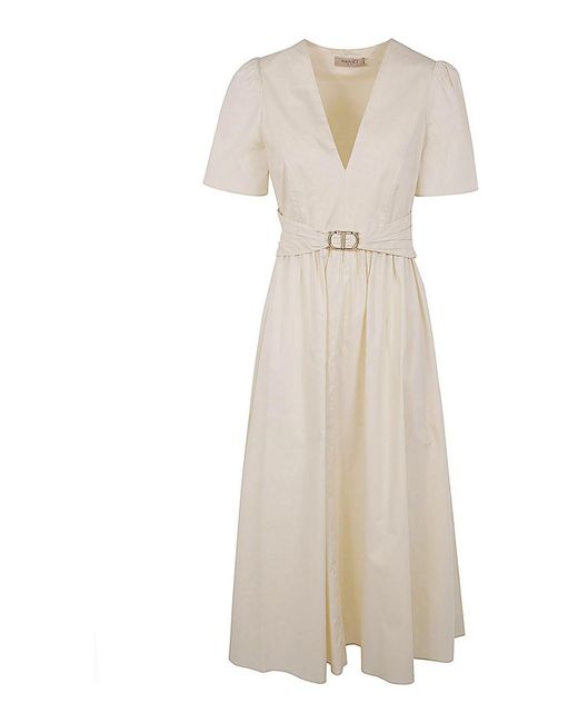 Twin Set White V-neck Belted Long Dress