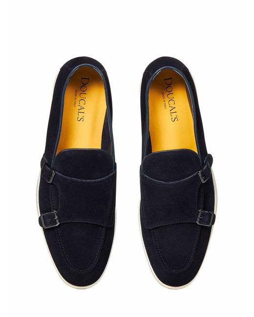 Doucal's Blue Suede Double Monk Strap Loafers Wit for men