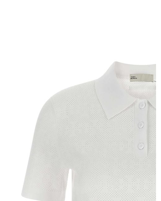 Tory Burch White Pointelle Viscose Polo Shirt
