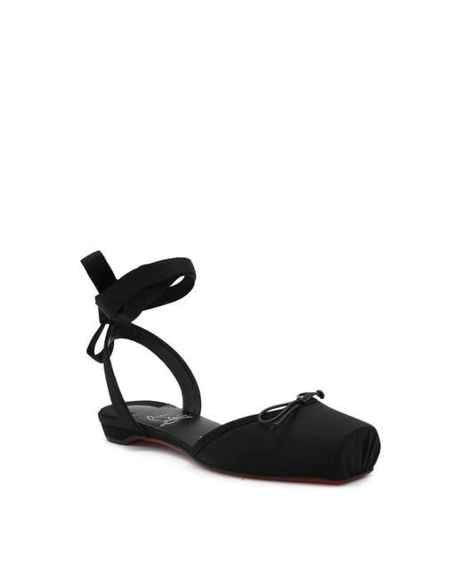 Christian Louboutin Black Cassia Lace Up Flat Crepe Satin/Gg/Lin