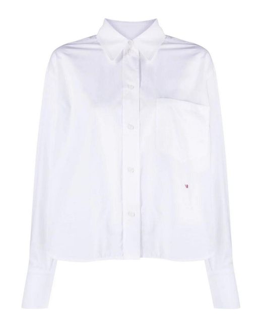 Victoria Beckham White Embroidered Logo Cotton Cropped Shirt