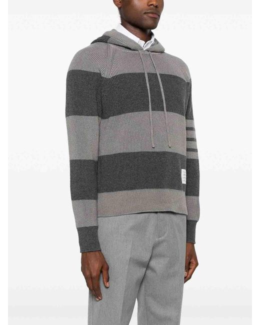 Thom Browne Gray Striped Knitted Hoodie for men