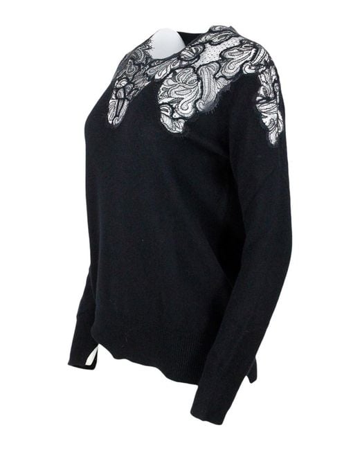 Ermanno Scervino Blue Lace Trimmed Cashmere Sweater