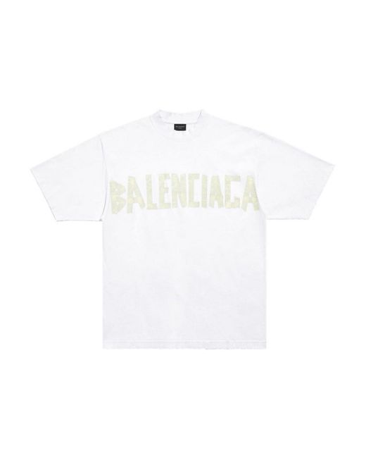 Balenciaga White Tape Type Cotton T-shirt for men