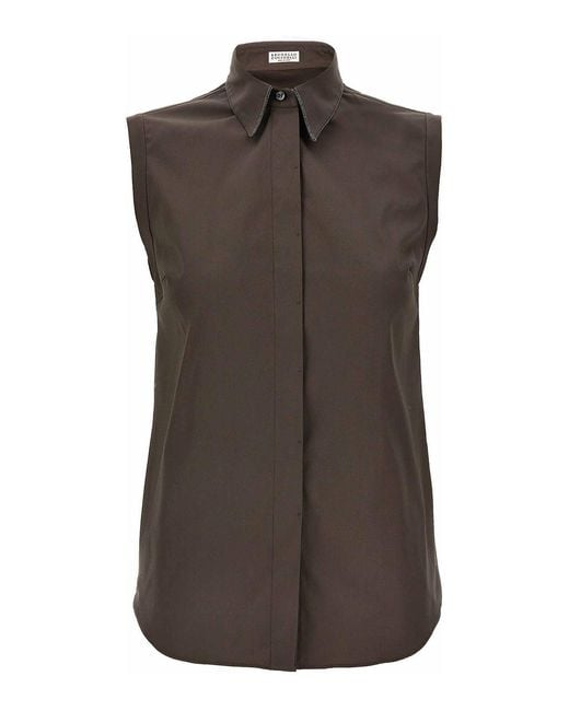 Brunello Cucinelli Brown Collared Sleeveless Shirt Stitch Detailing
