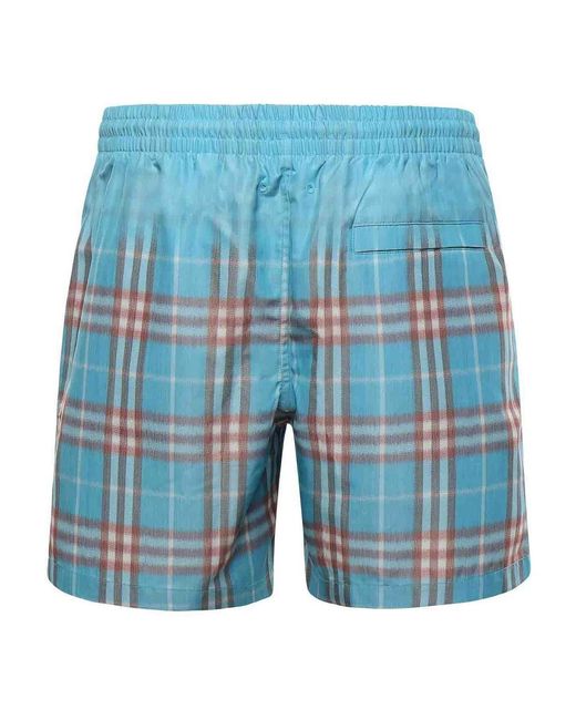 Burberry Blue Swim Trunks With A Faded Check Pattern for men