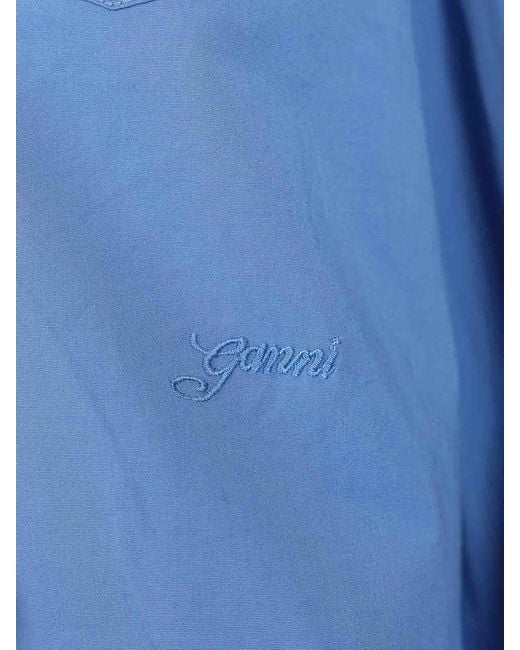 Ganni Blue Cotton Shirt With Lace Details