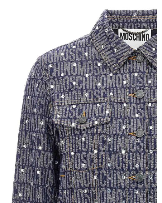 Moschino Blue Cotton Denim Blend Jacket With Signature Logo Pattern