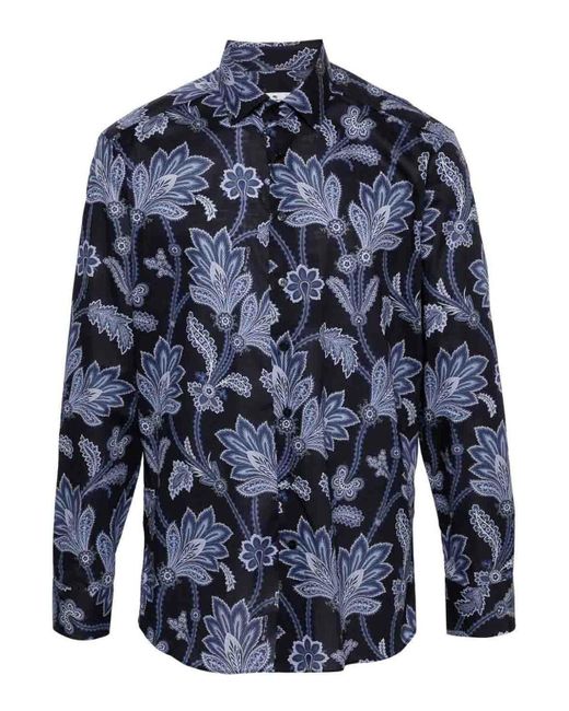 Etro Blue Cotton Shirt With Floral Print for men