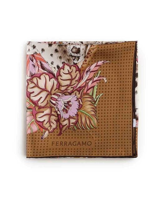 Ferragamo Brown Printed Silk Scarf