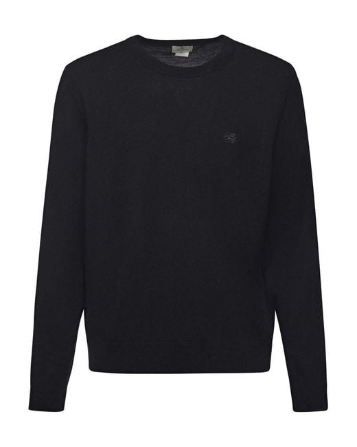 Etro Blue Wool Sweater With Embroidered Monogram for men