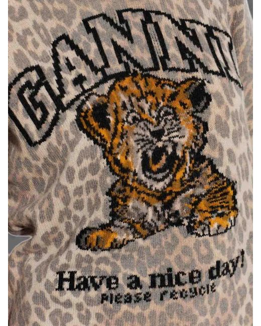 Ganni White Graphic Wool Sweater Tiger