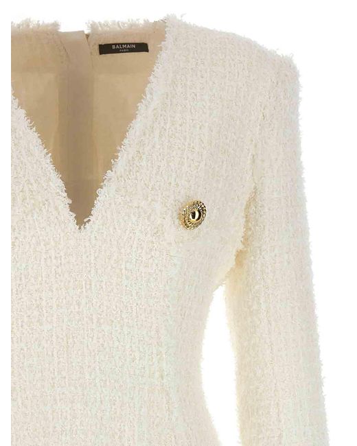 Balmain White Logo Button Tweed Dress