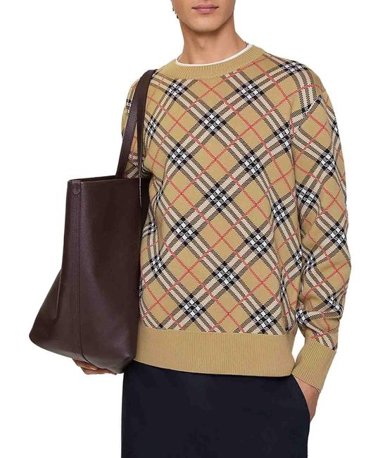 Burberry Gray Checked Cotton And Wool Pullover for men