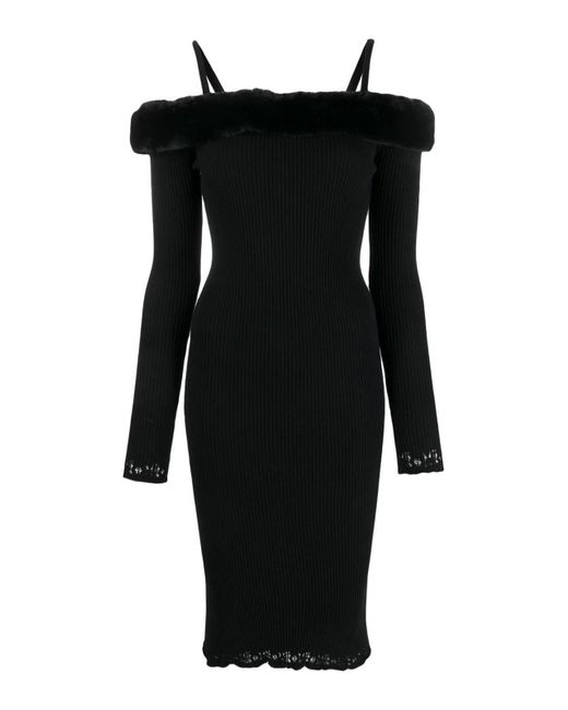 Blumarine Black Faux Fur Neck Midi Dress