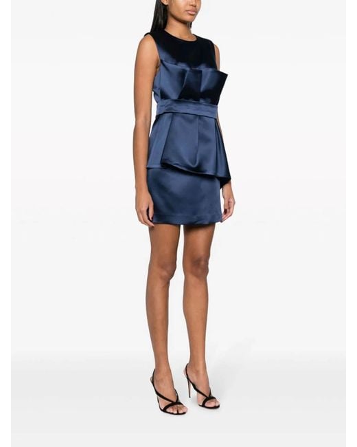 P.A.R.O.S.H. Blue Satin Pleated Belted Sleeveless Mini Dress