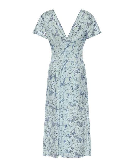 Genny Blue Linen Dress With Orchid Embroidery