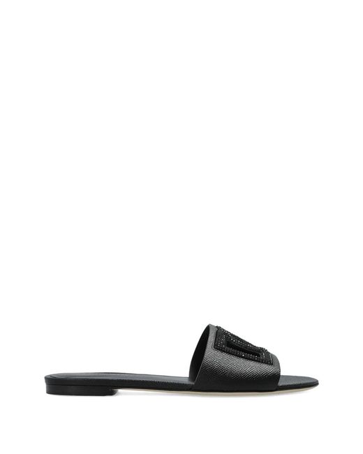 Dolce & Gabbana Black Dg Logo Leather Flat Sandals