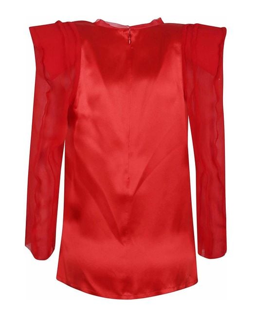 Balmain Red Long Sleeves Silk Crepe Draped Top