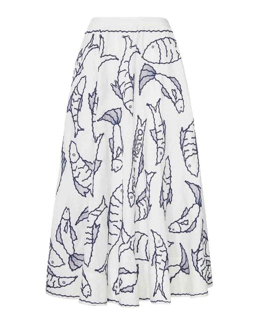 Farm Rio White Cotton Midi Skirt With Marine Embroidery