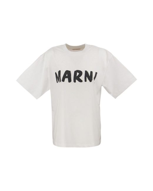Marni White Cotton Jersey T-Shirt With Print