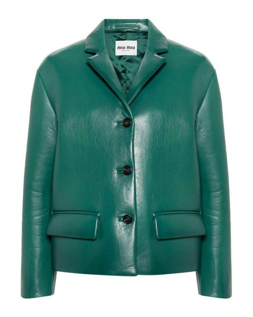 Miu Miu Green Single-breasted Nappa Leather Jacket
