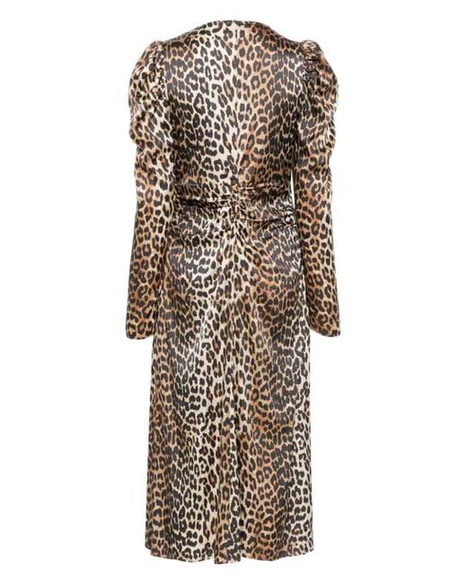 Ganni Natural Printed Satin Ruched Midi Dress