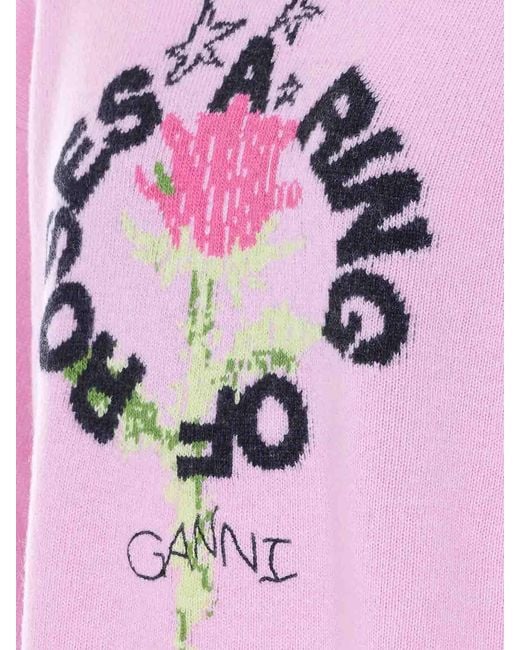 Ganni Pink Graphic Wool Sweater