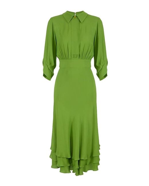 Elisabetta Franchi Green Viscose Georgette Ruffled Midi Dress