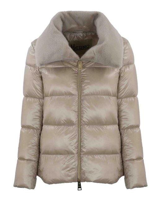 Herno Gray Quilted Down Jacket With Faux Fur