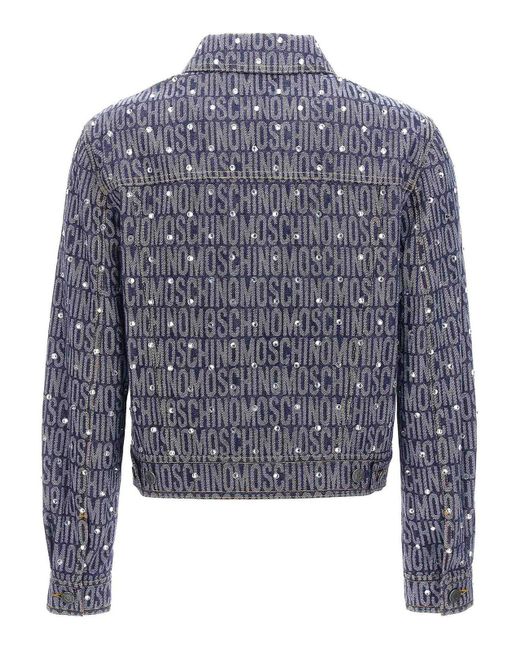 Moschino Blue Cotton Denim Blend Jacket With Signature Logo Pattern