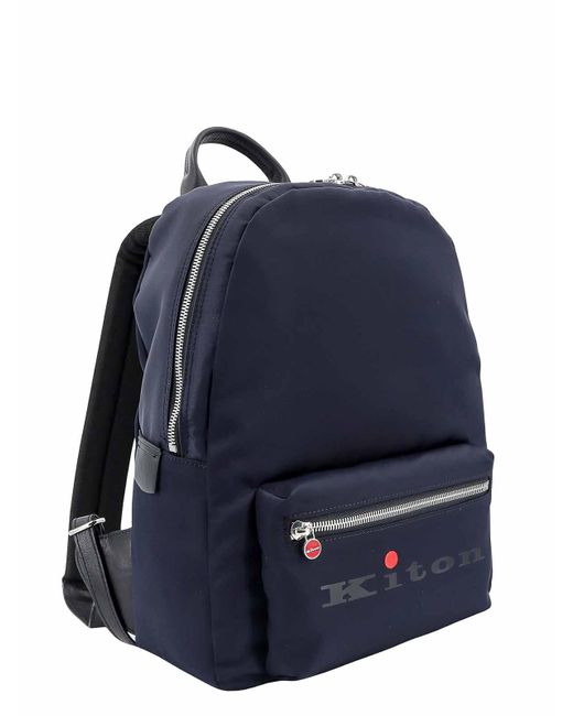 Kiton Blue Nylon And Leather Backpack With Logo Print for men