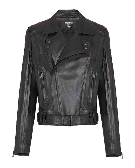 Balmain Black Belted Leather Biker Jacket for men