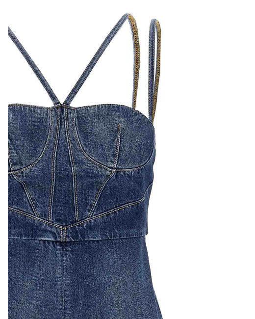 Nensi Dojaka Blue Cotton Denim Midi Dress With Bustier