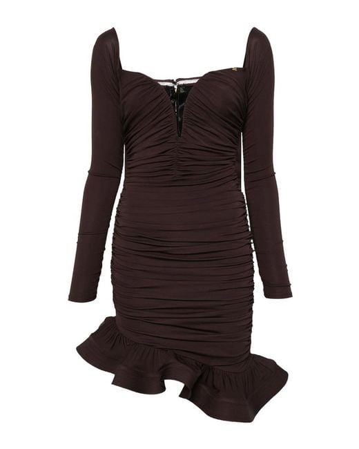 Elisabetta Franchi Brown Short Dress With Ruffles