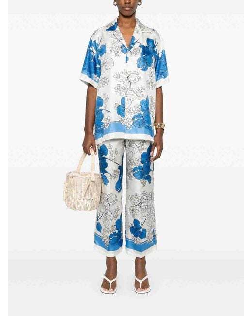 P.A.R.O.S.H. Blue Serenella Floral Print Wide-Leg Trousers