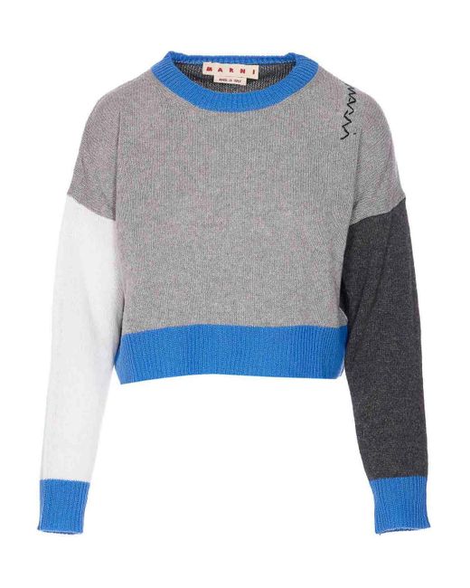Marni Blue Cropped Color-Block Sweater With Round Neckline