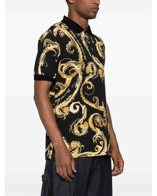 Versace Jeans Couture Black Cotton Polo Shirt With Baroque Print for men