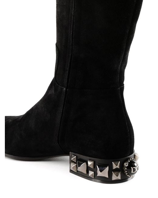 Dolce & Gabbana Black Studded Heel Suede Boots