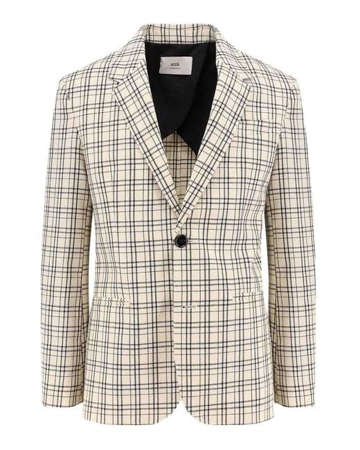 AMI White Checkered Wool Suit Jacket With Notched Lapels for men