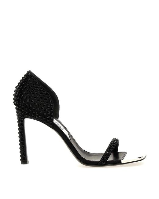 Sergio Rossi Black Area Dagger Satin Sandals With Rhinestone