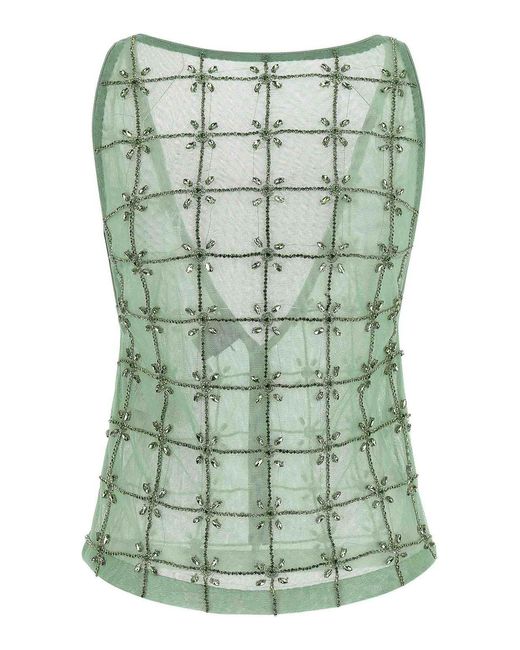 Pinko Green Boat Neck Rhinestone Embroidery Top