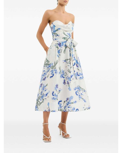 Rebecca Vallance Blue Print Linen Blend Midi Bustier Dress
